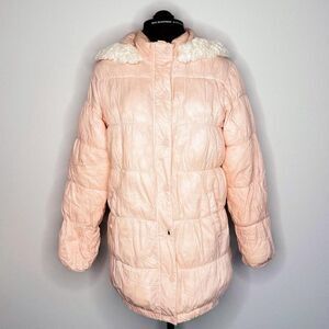 Pink puffer coat with Sherpa lined hood, zipper and button closure, side pockets